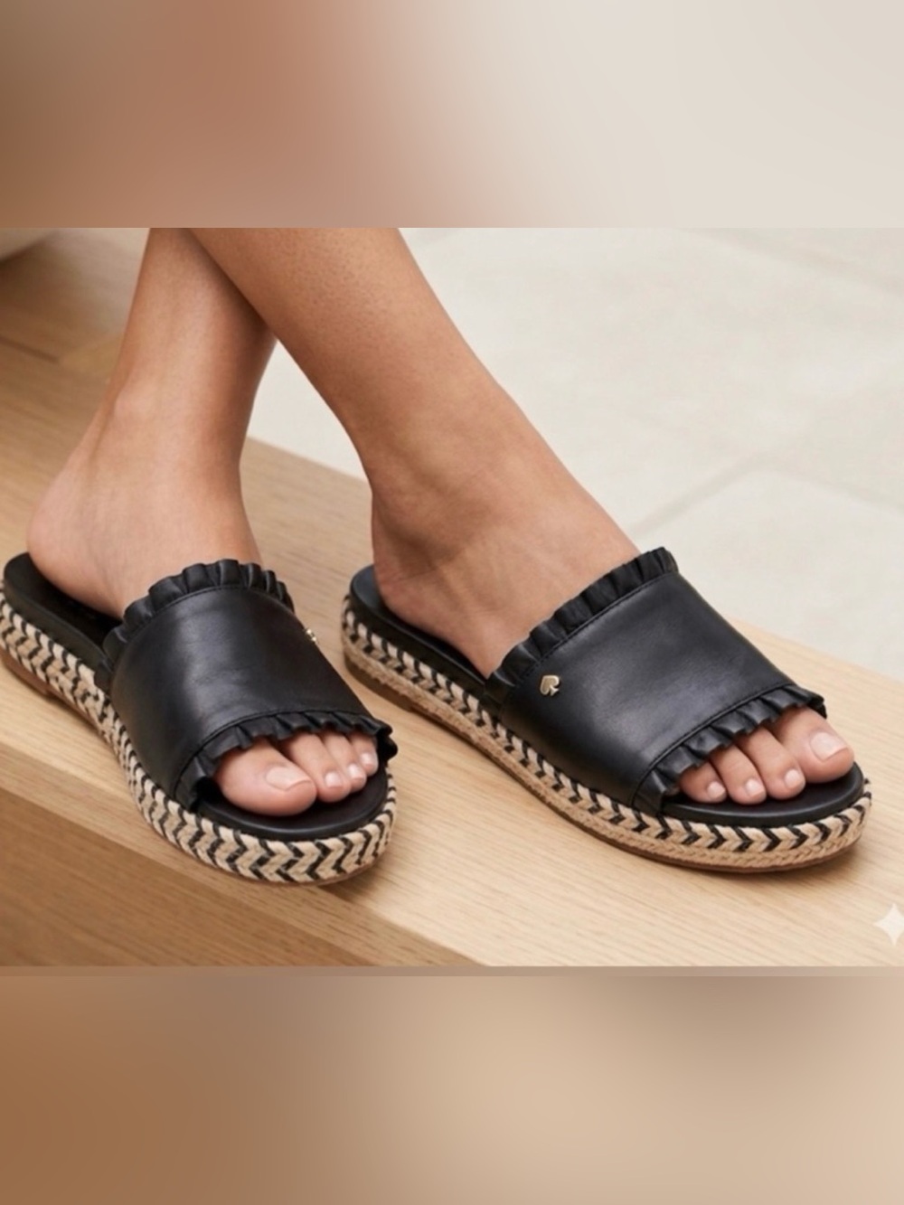 kate spade Black Leather Ruffle Espadrille Slide Mules
